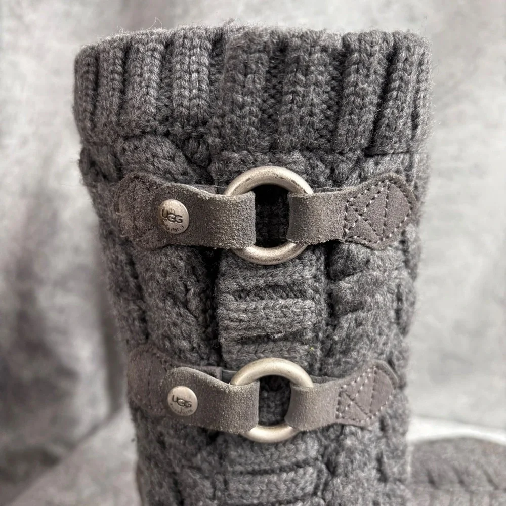 UGG Tularosa Women's‎ Gray Cable Knit Mid-Calf Boots Sheepskin Lined 3177 SIZE 8